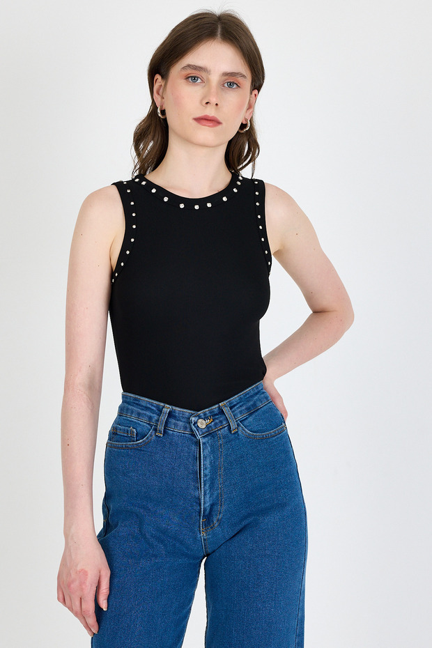 Black Collar and Shoulder Stone Detailed Ribbed Knitted Athlete 1249