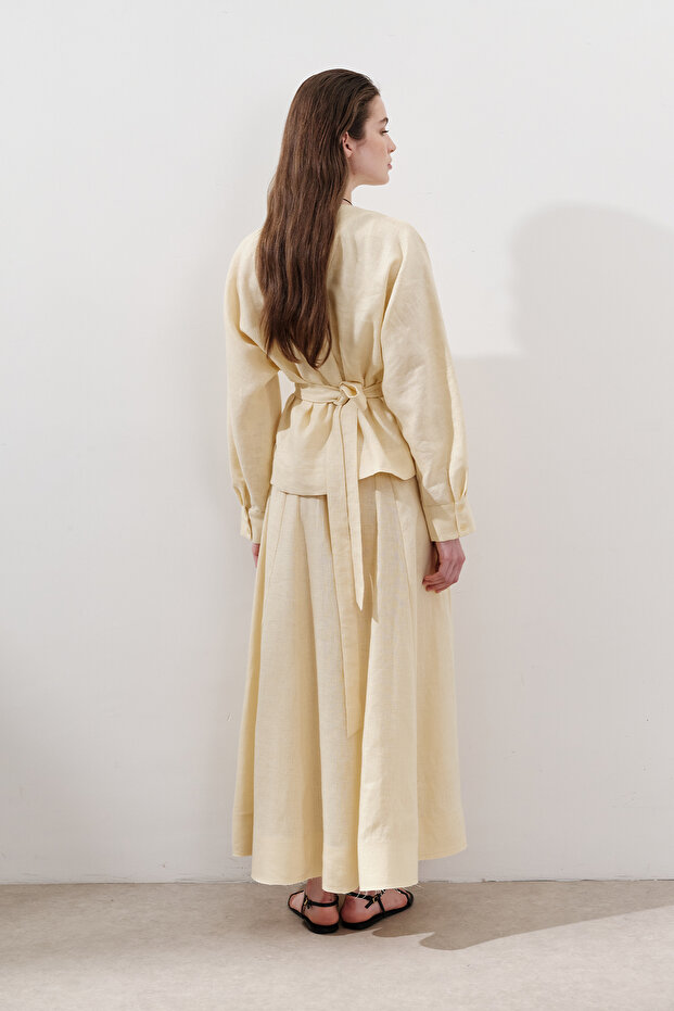 Lniana bluzka dwurzędowa z wiązaniem Żółta - 7