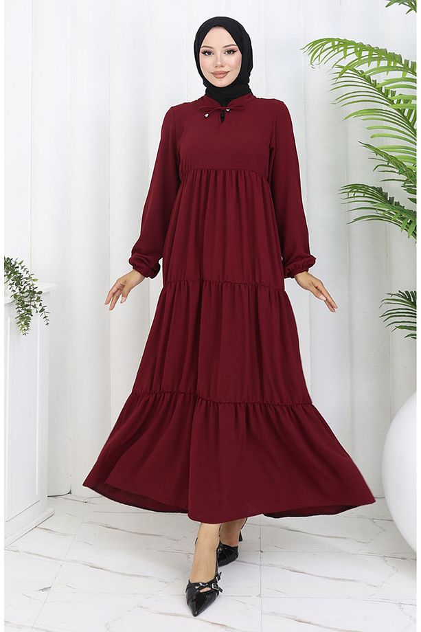 Inci Ayrobin Farbalı Kolları Lastikli Elbise 4909-01 Bordo - 1