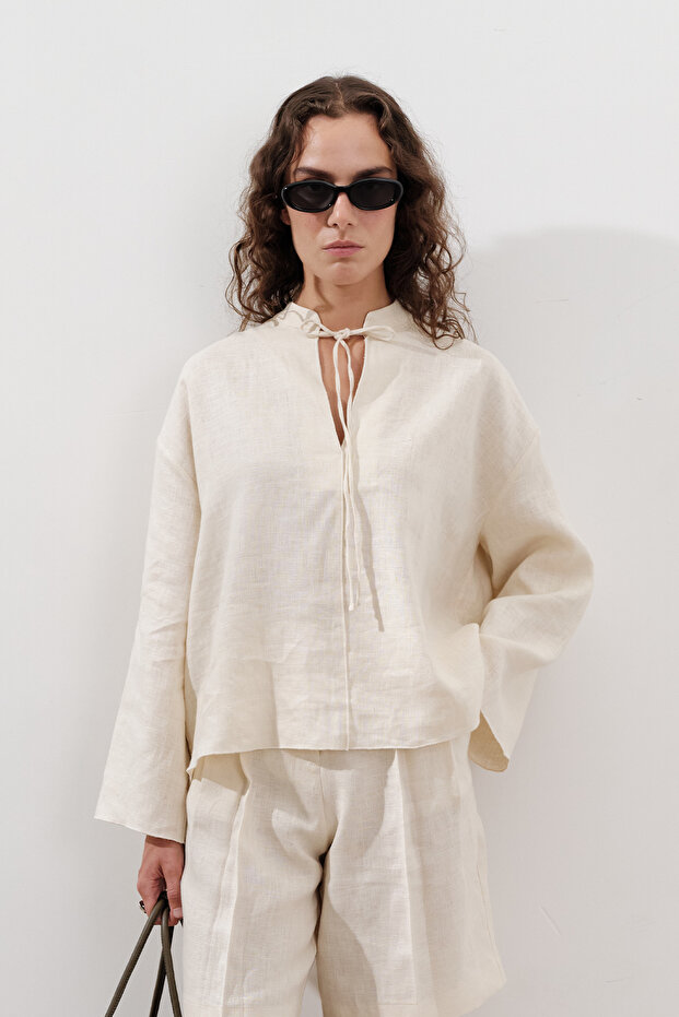 LEINEN-BINDEN-Bluse VANILLE - 1