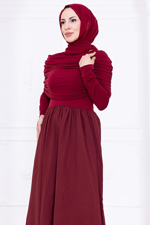 Drapeli Elbise Bordo HM2780 - 6