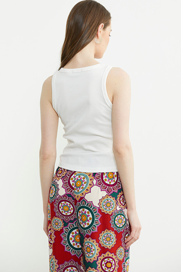 Fitilli Basic Kolsuz Tişört - Ekru - 5