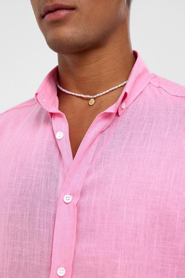 Basic Oversize Pamuk Keten Gömlek Pembe - 7