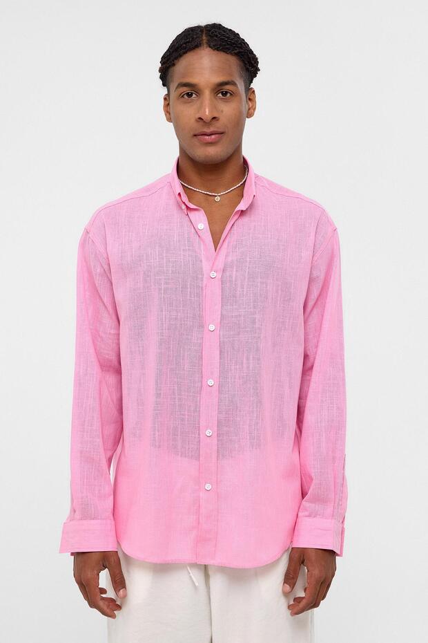 Basic Oversize Pamuk Keten Gömlek Pembe - 4