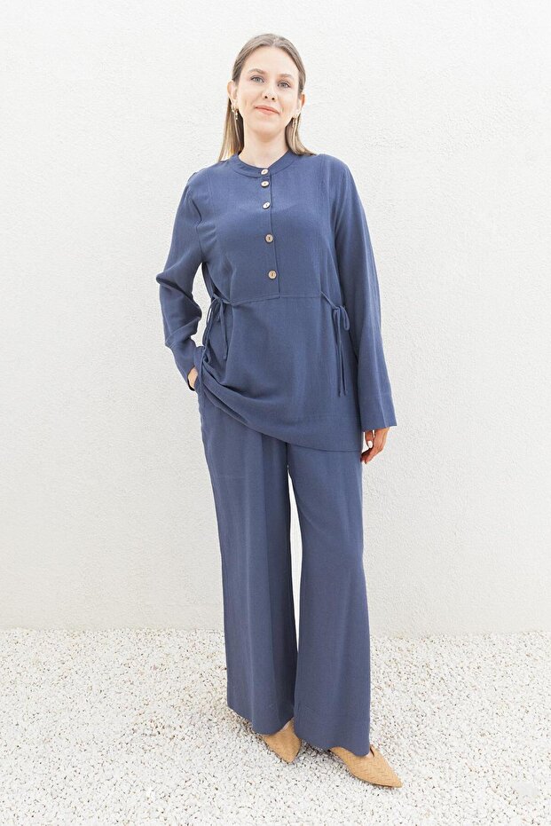 Indigo-Tie Detailed Trousers Suit