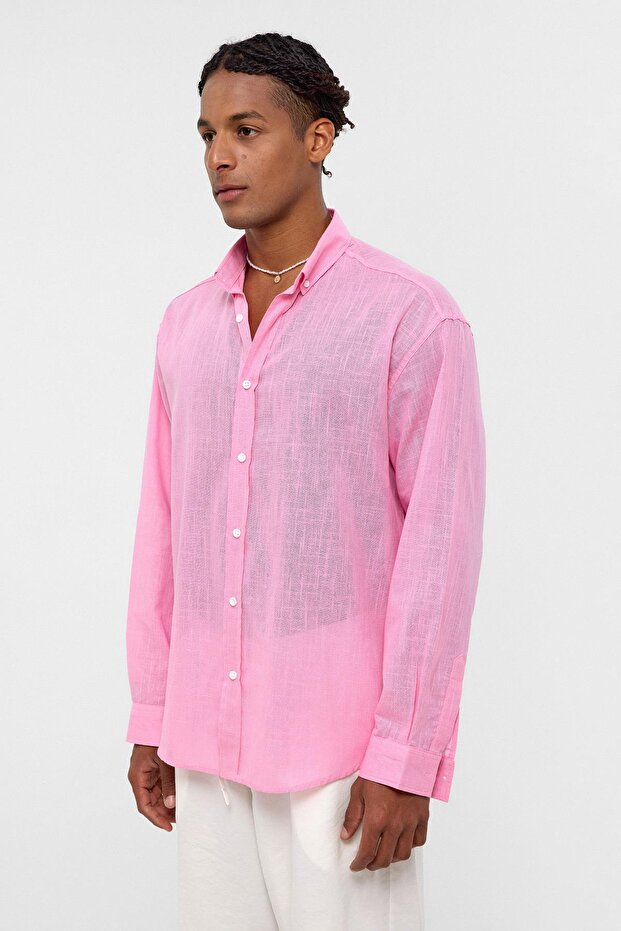 Basic Oversize Pamuk Keten Gömlek Pembe - 6