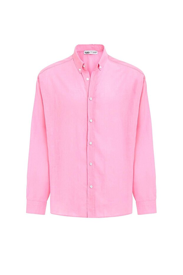 Basic Oversize Pamuk Keten Gömlek Pembe - 3