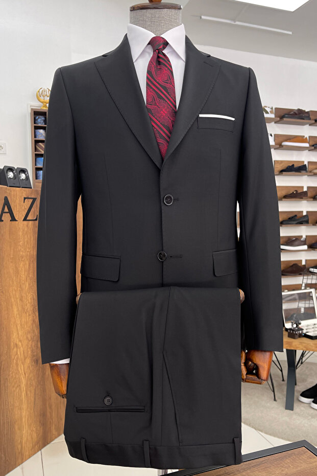 Slim Fit Mono Collar Superior Silk Wool Black Suit (Premium Six-Star Fabric)