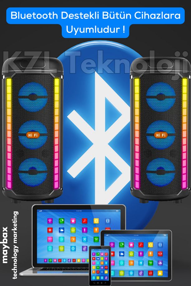 Bluetooth Hoparlör Parti Hoparlörü Işıklı Ses Bombası Radyo Usb Tf Kart Girişli Mikrofon Hediyeli - 7