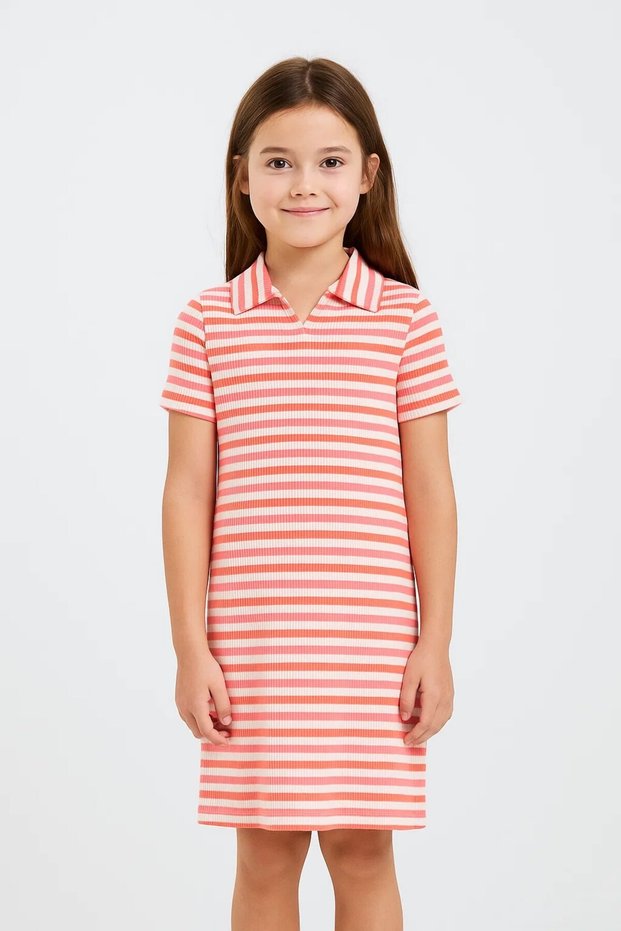 Girl's Colorful Striped Polo Neck Knitwear Summer Mini, Midi Dress