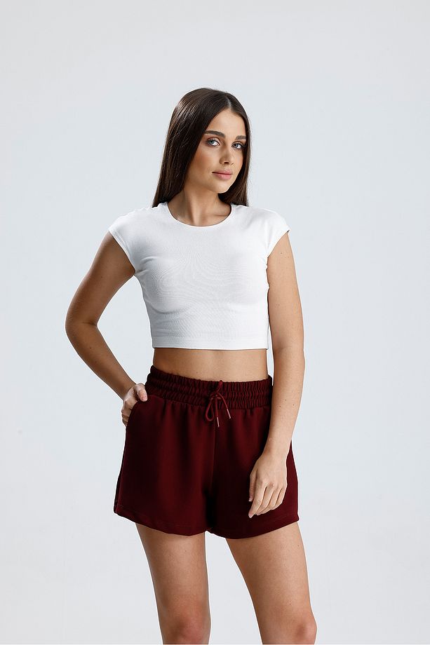 Kadın Bordo Şort Modal Kumaş Yumuşak Dokulu Esnek Likralı Bağcıklı Çift Cepli Şort - 5