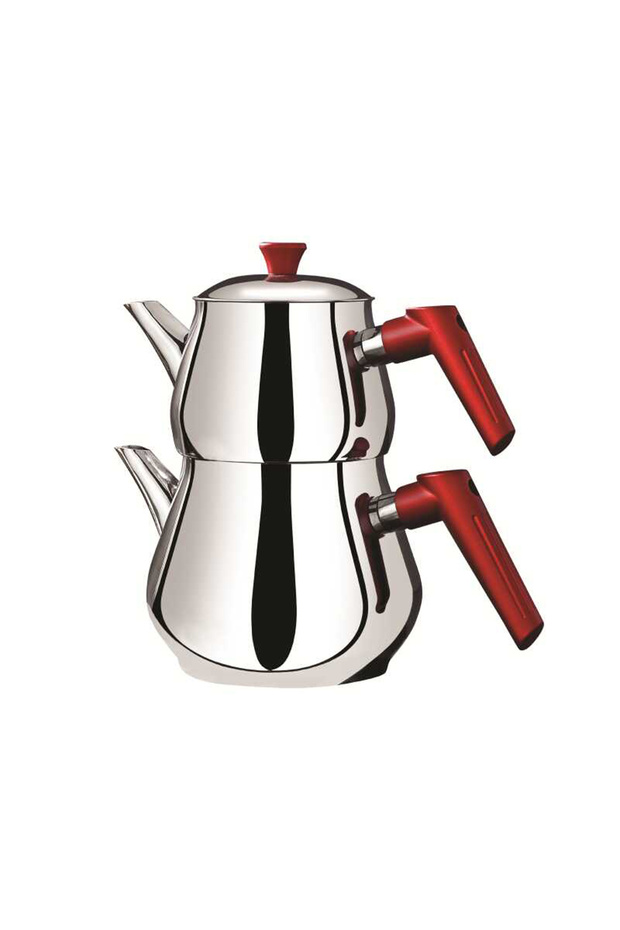 Çaykara Soft Midi Çelik Çaydanlık Takımı - Gri / Kırmızı - 1,8 lt + 1 lt - 3