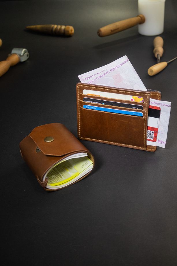 El Yapımı Hakiki Deri Kartlık ve Para Cüzdanı Seti, Minimalist Tasarım, İkisi Bir Arada - 3
