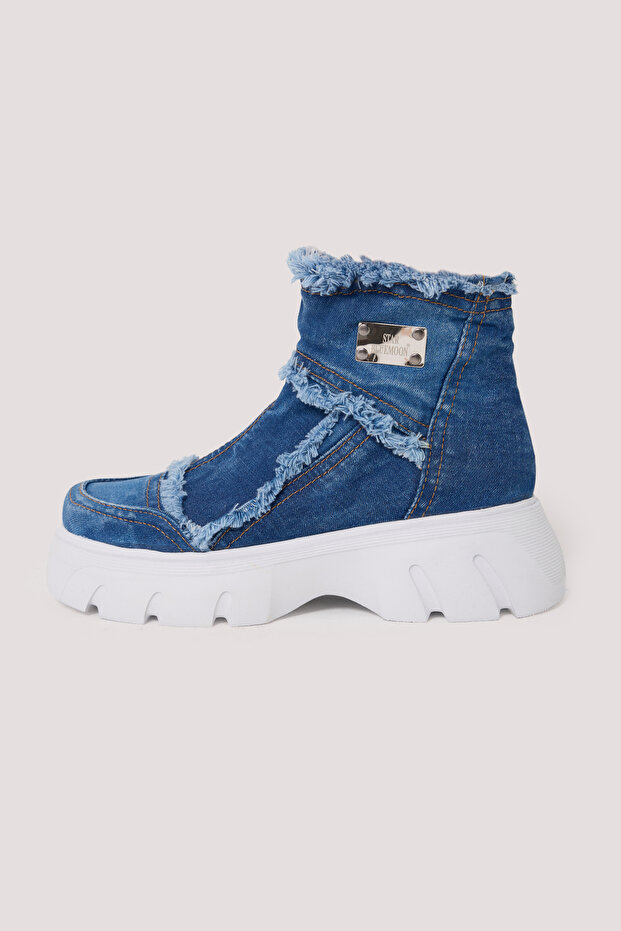 Women's Denim Summer Boots Tassel Stitching Metal Logo