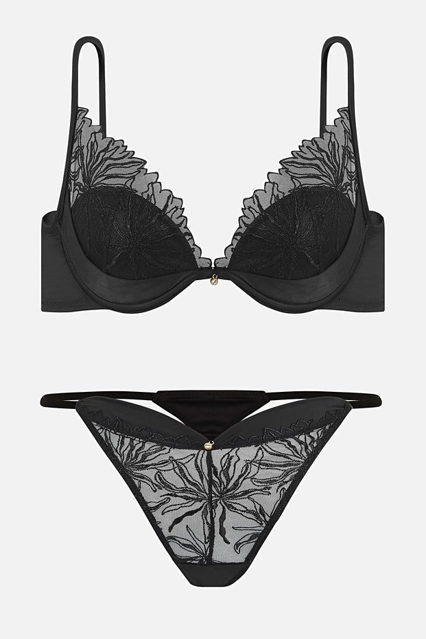 Leonie Brodeli Shiny Stone Detailed Satin Piping Bra Panty Set - 2724 - Black