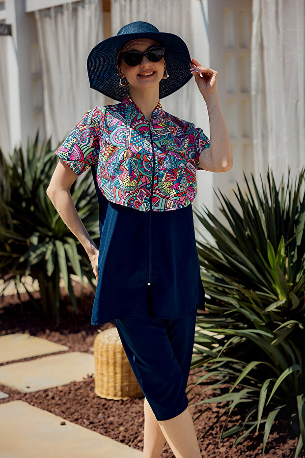Parachute Short Sleeve Semi-Closed Swimsuit with Front Cover Nurel R2602