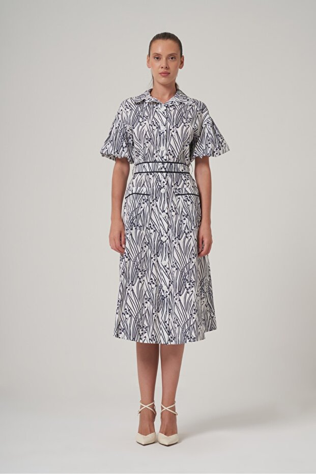 Gömlek Yaka Balon Kol Elbise - 1