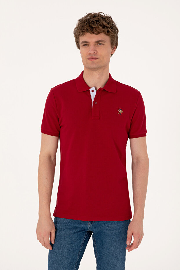 Men's Slim Fit Polo Neck Claret Red Basic T-Shirt 50310669-Vr014