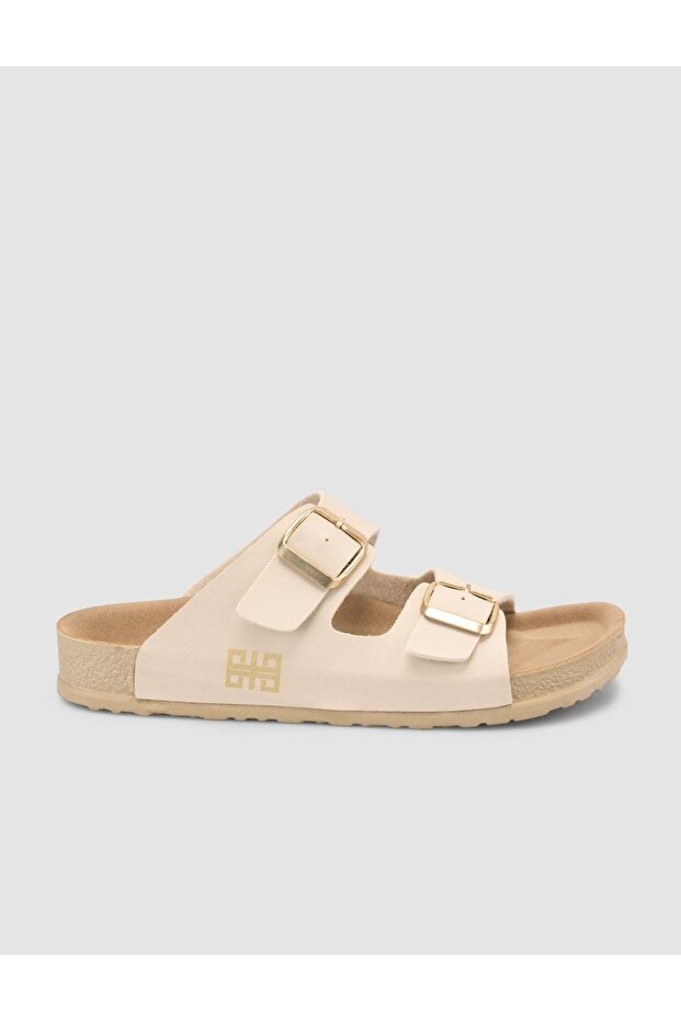 Beige Women's Slippers with Buckle Detail
