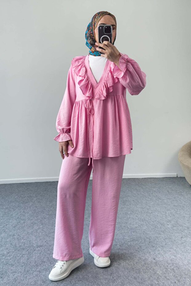 Ruffle Neck Tie-Up Tunic and Wide Leg Pants Set 8845 - Pink