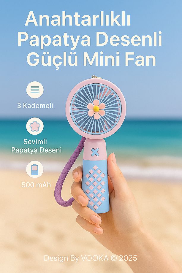 Anahtarlıklı Papatya Desenli Mini Fan – 3 Kademeli, USB Şarjlı, Hafif ve Taşınabilir Kişisel - 1