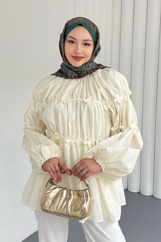 Reglan Minik Çiçek Detaylı Poplin Gömlek-SARI - 3