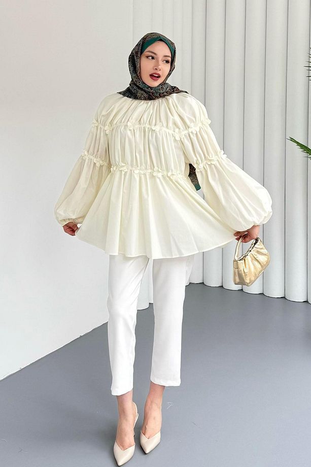 Reglan Minik Çiçek Detaylı Poplin Gömlek-SARI - 4
