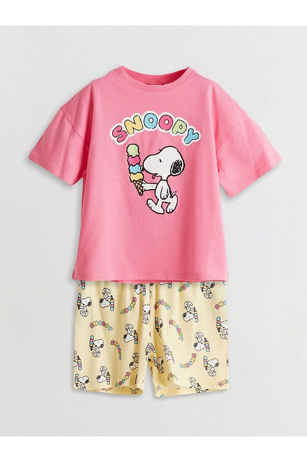 Bisiklet Yaka Snoopy Baskılı Kız Çocuk Şortlu Pijama Takımı - 1