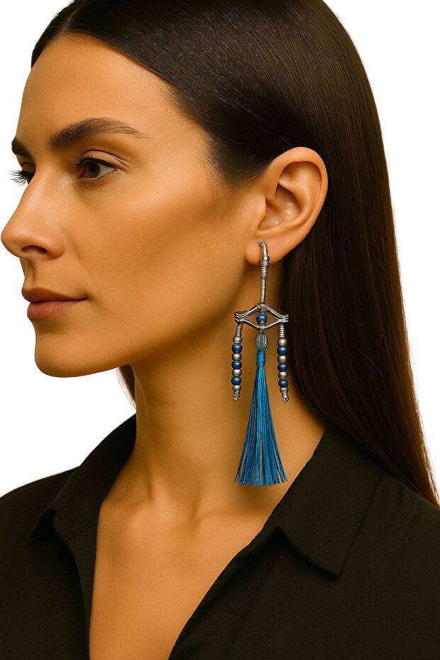 Handmade Eye and Tassel Detailed Earrings – Silver Color Modern Design