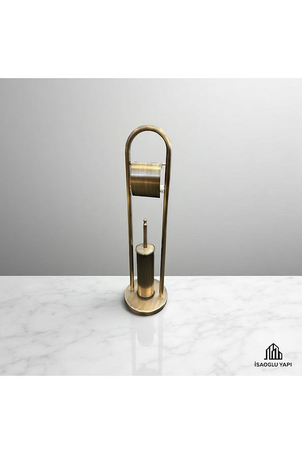 Antik Gold Fırça Kova ve Tuvalet Kağıtlık Seti Pirinç Eskitme Set Çöp Kovası - 5