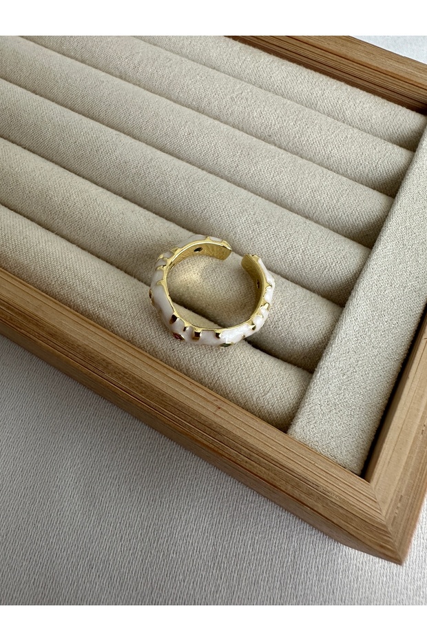 White Enamel Colored Stone Ring - 4