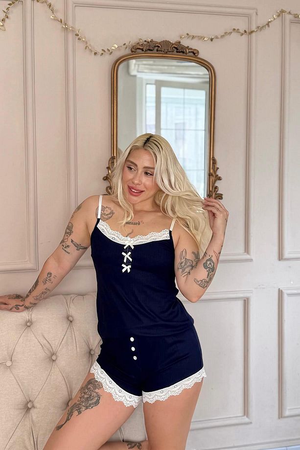 Lacivert Dublin Ip Askı Şortlu Kadın Pijama Takımı - 4
