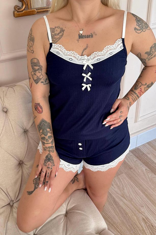 Lacivert Dublin Ip Askı Şortlu Kadın Pijama Takımı - 6
