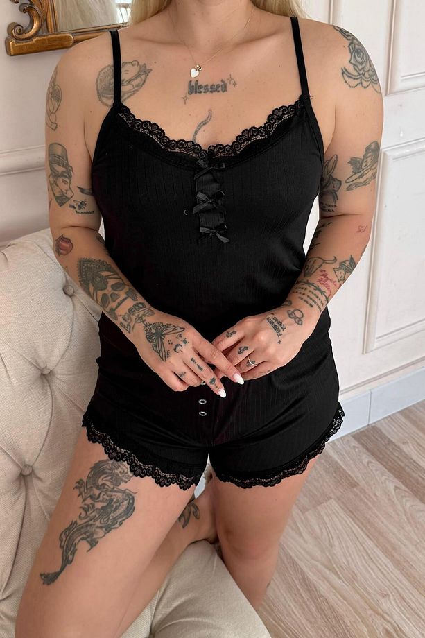 Siyah Dublin Ip Askı Şortlu Kadın Pijama Takımı - 6