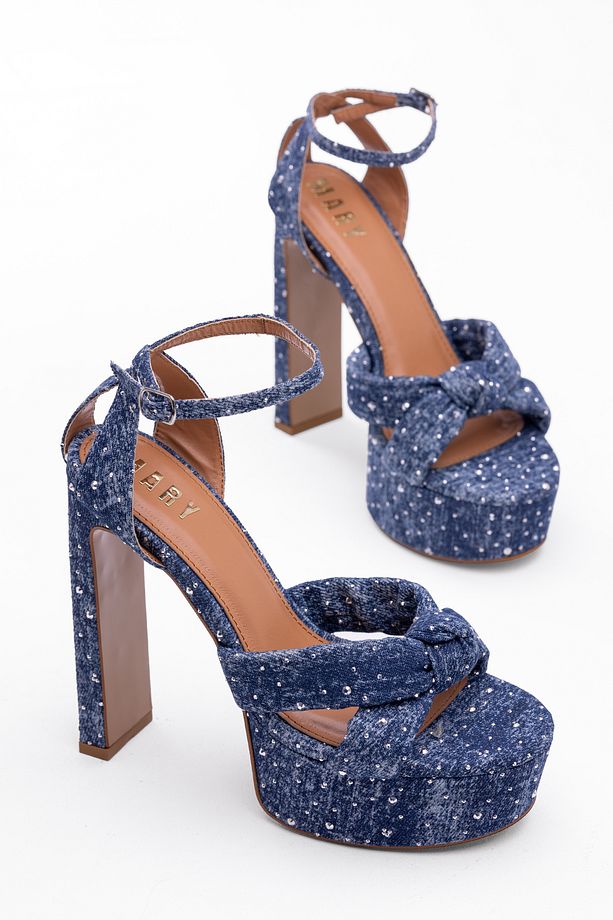 Denim Taş İşlemeli Platform Ayakkabı – Yüksek Kalın Topuk, Bilekten Bağcıklı Stil - 4