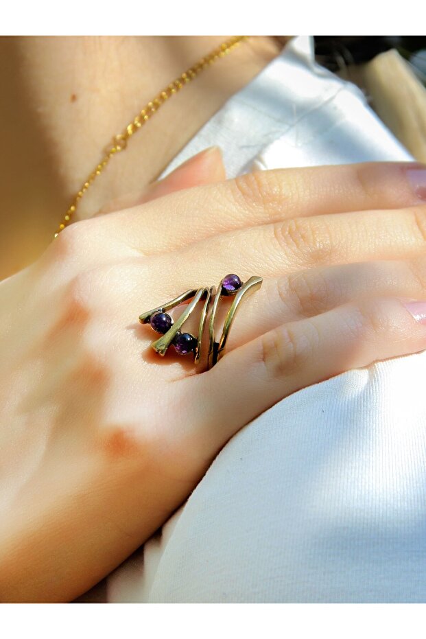 Natural Stone 3-Piece Amethyst Natural Stone Adjustable Women's Ring Euy66Amt