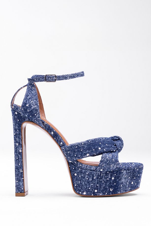 Denim Taş İşlemeli Platform Ayakkabı – Yüksek Kalın Topuk, Bilekten Bağcıklı Stil - 1