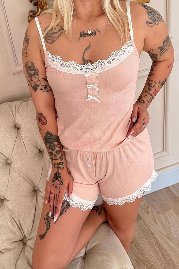 Pudra Dublin Ip Askı Şortlu Kadın Pijama Takımı - 6