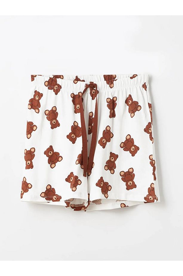 LCW Young Ekru Kaçık Yaka Baskılı Kadın Şortlu Pijama Takımı - 8