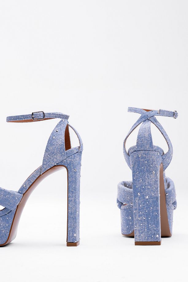 Denim Taş İşlemeli Platform Ayakkabı – Yüksek Kalın Topuk, Bilekten Bağcıklı Stil - 2