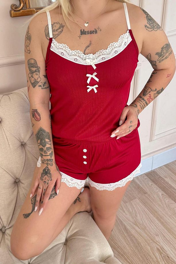 Bordo Dublin Ip Askı Şortlu Kadın Pijama Takımı - 6
