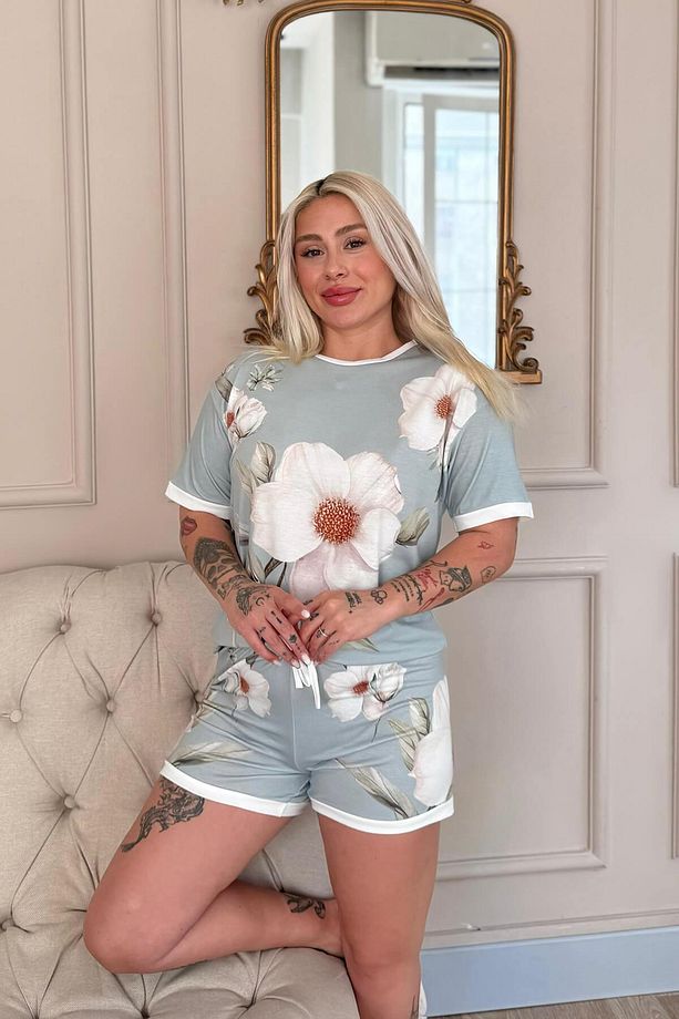 Bleu Magnolia Desenli Kısa Kollu Şortlu Bambu Kadın Pijama Takımı - 3