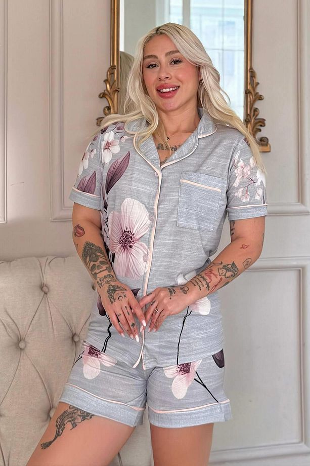 Gris Magnolia Desenli Kısa Kol Şortlu Önden Düğmeli Kadın Pijama Takımı - 1