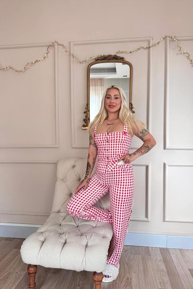 طقم بيجامة من الخيزران منقوشة بأزرار أمامية وحزام سميك من روج جينجهام - 5