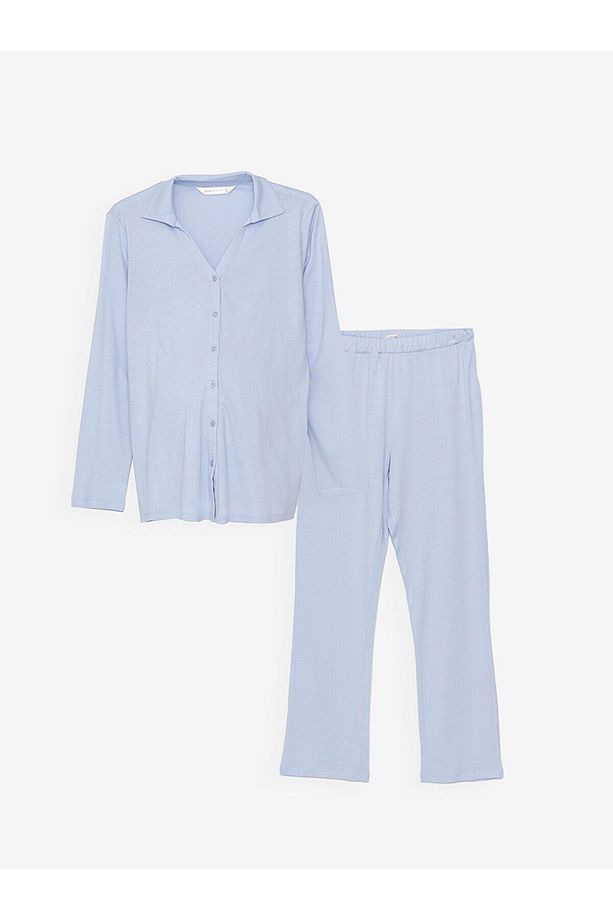Gömlek Yaka Düz Uzun Kollu Hamile Pijama Takımı - 6