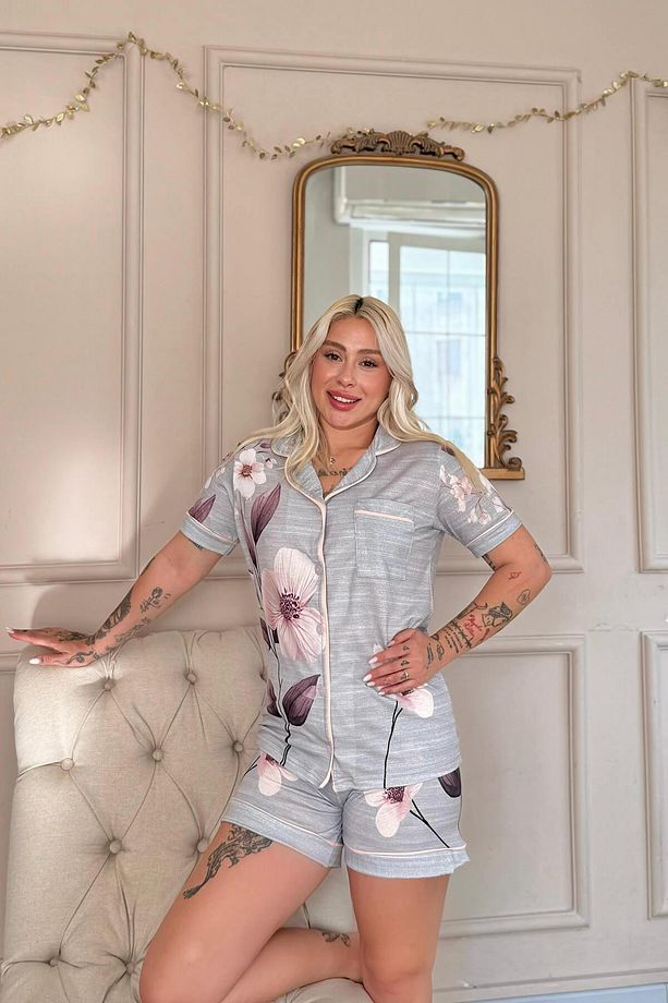 Gris Magnolia Desenli Kısa Kol Şortlu Önden Düğmeli Kadın Pijama Takımı - 3