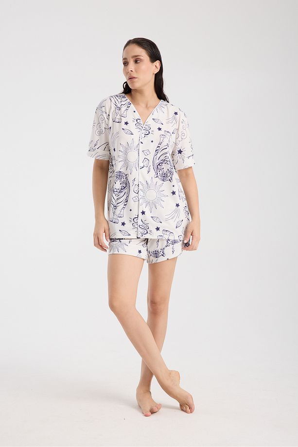 Calm Gömlek Şort Düğmeli Pijama Takımı Renkli Desenli Pijama Takımı - 4