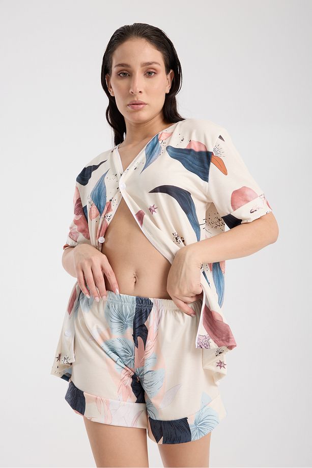 Calm Gömlek Şort Düğmeli Pijama Takımı Renkli Desenli Pijama Takımı - 6
