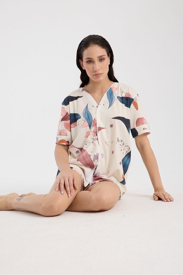 Calm Gömlek Şort Düğmeli Pijama Takımı Renkli Desenli Pijama Takımı - 7