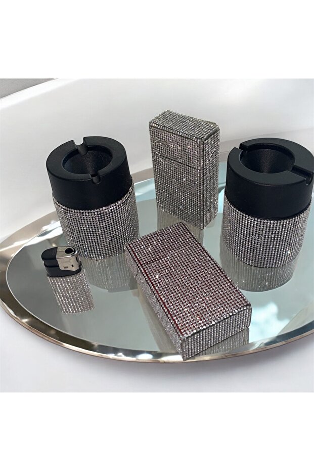 Gümüş taşlı küllük, sigara tabakası, çamak set - 1